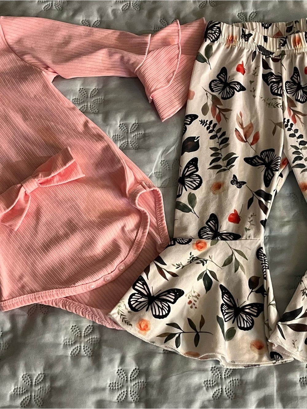 Pink Ribbed Bodysuit & Cream Butterfly Print Flare Pants - Kids Matching Set